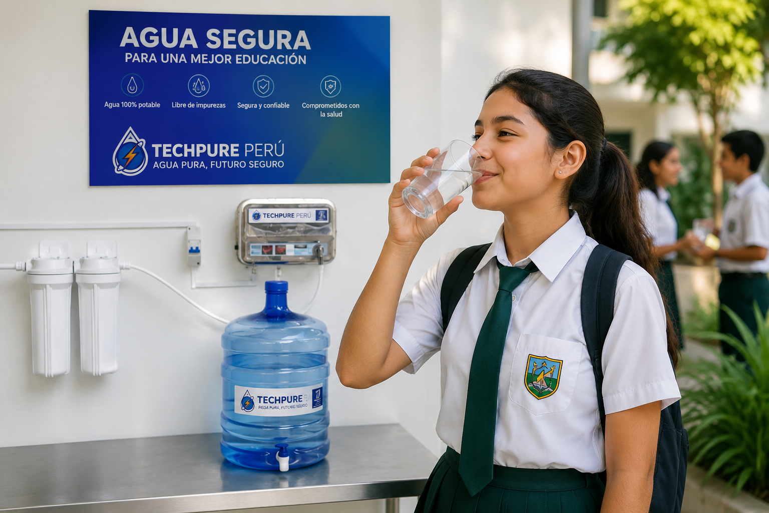 Estudiante utilizando agua tratada dentro de una institución educativa