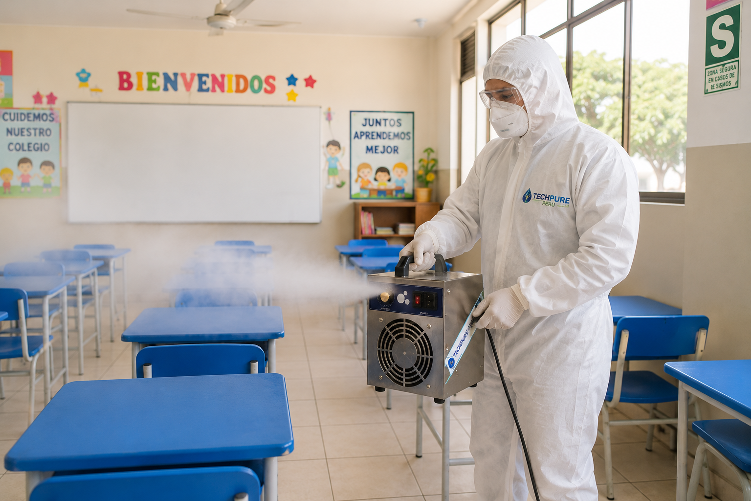Técnico realizando saneamiento ambiental en una institución educativa